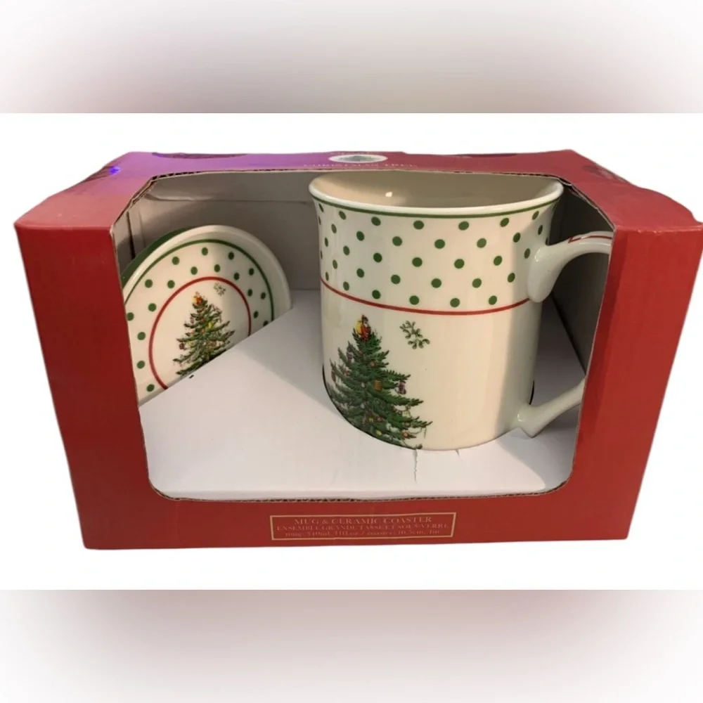 Spode Christmas Tree Mug and Coaster Set,‎ New in Box 12 oz “Price is firm”
